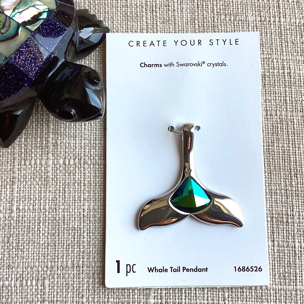 Whale Tail Pendant with Swarovski Teal Crystal